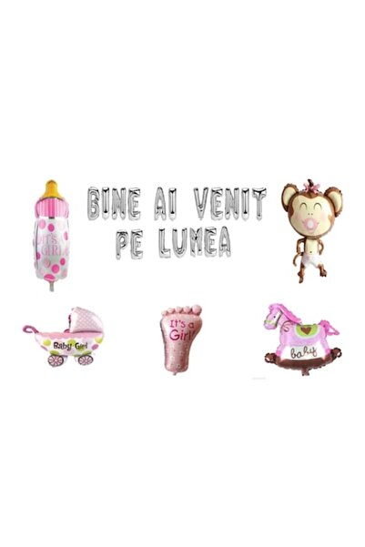 OEM Set baloane „Bun venit în lume” pentru fetiță, decor tort, 26 buc, argintii