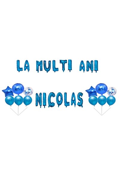 OEM Set Balloons Happy Birthday Nicolas, Cake Topper, Blue, 35 Pieces