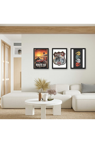 RS JANTİ STORE Set de 3 tablouri din lemn retro cu tematică de motociclete Route 66, decor de perete pentru cameră pentru băieți, tablou vintage