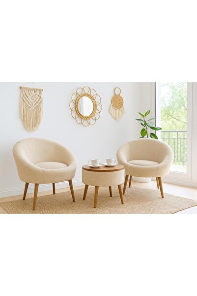 KOKİ DESİGN LİDA Ekru İkili Berjer Seti ÖZEL SEHPALI (Salon,Balkon,Ofis)