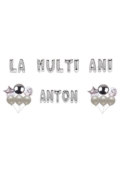 OEM Комплект балони "Честит рожден ден, Антон", украса за торта, сребърни, 35...