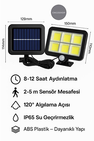 CNGZSHOP 120 COB LED Güneş Enerjili Solar Panel 3 Modlu Hareket Sensörlü Su Geçirmez Duvar Lambası (4,7 m Kab