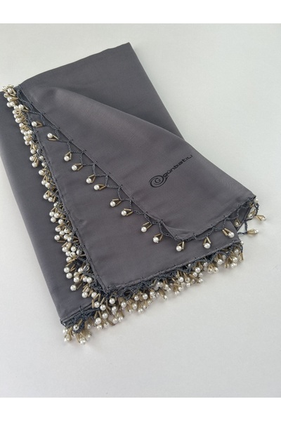BENLİ Pearl Beaded Gold Hand Embroidered Scarf Writing 100x100cm