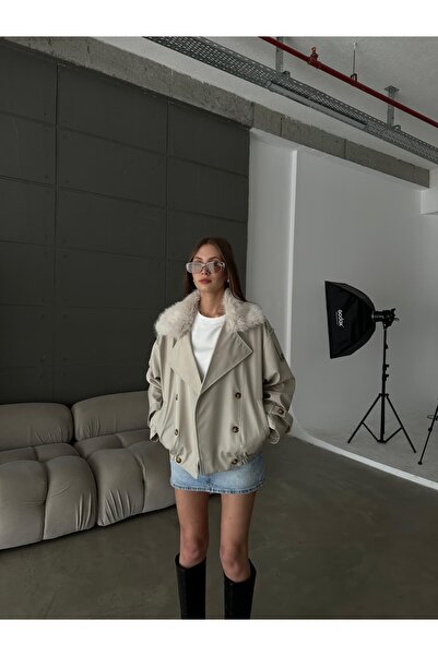 ZTO KADIN TASARIM YAKA KÜRKÜ ÇIKABİLEN DÜĞMELİ TRENÇ PREMİUM