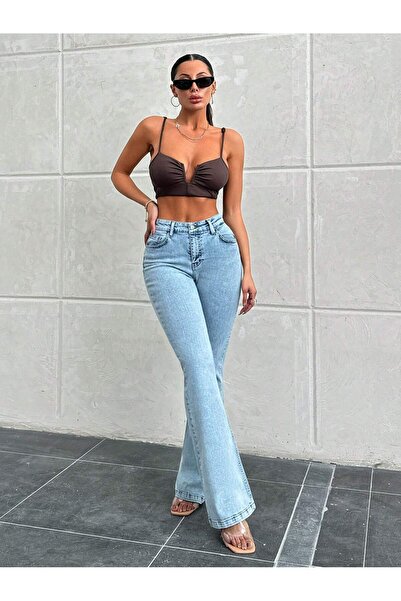 kleshus الموسم الجديد لارا أزرق فاتح عالي الخصر جينز واسع الأرجل