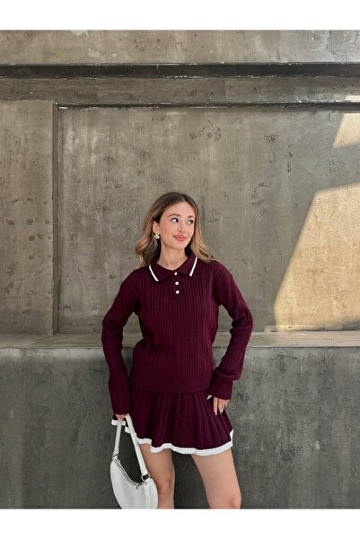 Bleu Petite guler de cămașă Set de tricotaje din țesătură, cardigan și fustă ...