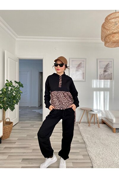 Modayakamoz Women's Long Sleeve Leopard Detail Sweat and Leopard Stripe Detail Trousers Double Set