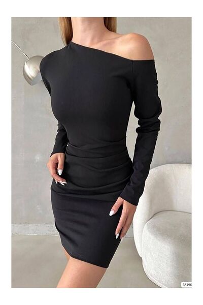 LC Waikiki Μαύρο μακρυμάνικο φόρεμα με έναν ώμο με λεπτομέρεια εισαγόμενο κρε...