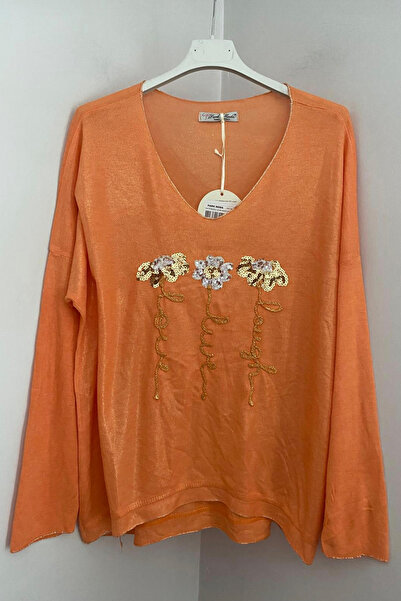 AYASOFYA OTANTIK Bluză de damă, italiană, portocalie, cu decolteu în V, cu panglică aurie în față, cu model de paiete florale, cu mâneci lungi, largi