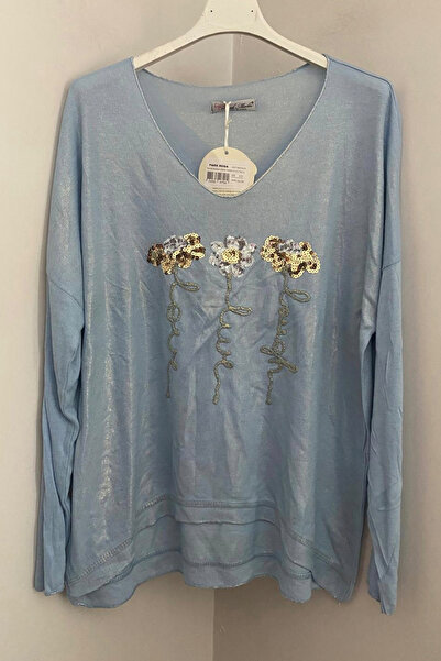 AYASOFYA OTANTIK Bluză italiană pentru femei, albastru bebeluș, cu decolteu în V, cu panglică aurie în față, cu model de paiete florale, cu mâneci lungi, largi