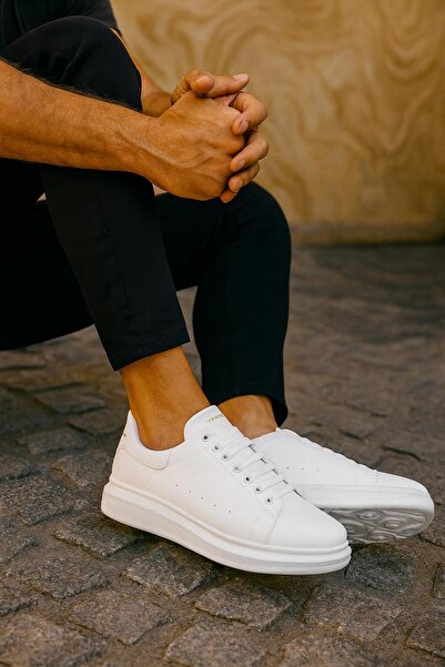 FLARF Erkek Kadın Unisex Bağcıklı Deri Yüksek Tabanlı Rahat Günlük Spor Ayakkabı Sneaker