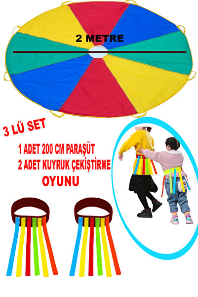 Leiste 3 lü Set Kuyruk Çekiştirme +Gökkuşağı Paraşüt Oyunu Anaokulu Kreş Bahçe Aktivite Jimlastik Oyunu