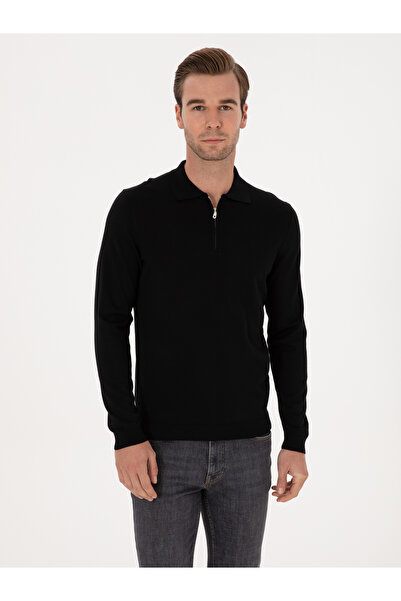 Cacharel Black Regular Fit Wool Blend Zippered Polo Neck Basic Knitwear Sweat...