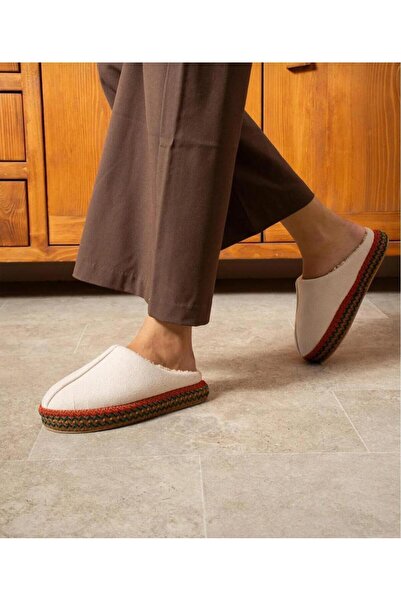 Melikoğlu Ayakkabı Fur-Lined Straw Strip House Slippers