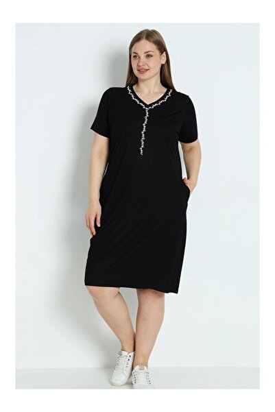 LC Waikiki Women's Plus Size Black Short Sleeve Pocket Detail Stone Detailed Elastane Dress