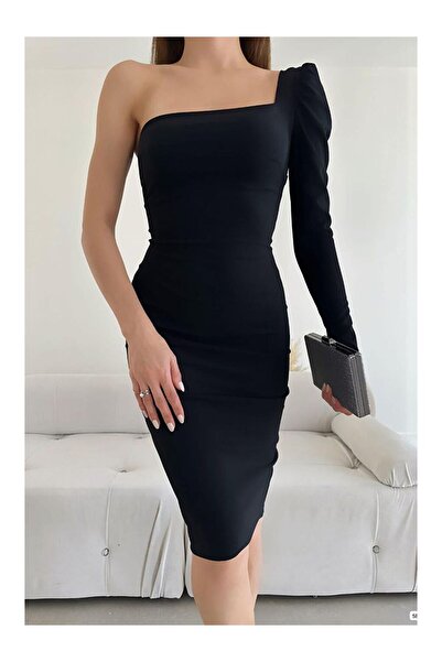 LC Waikiki Black Single Sleeve Midi Length Crepe Fabric Dress