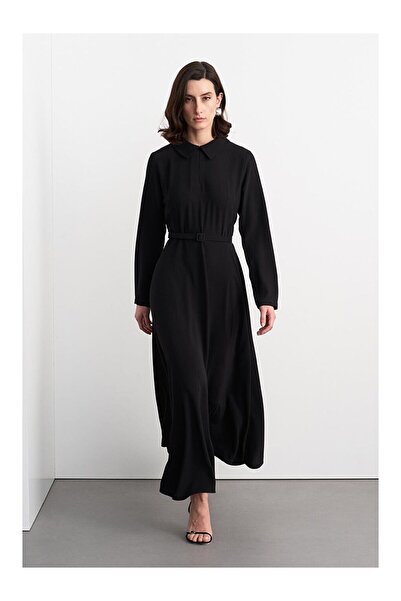 LC Waikiki Belted Bell Long Dress Black