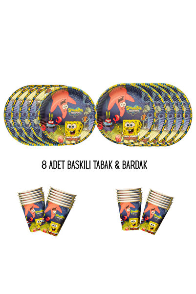 HAPPYLOOPPARTY Sünger Bob Patrick Tema Uyumlu Baskılı 8 Kişilik Tabak , Barda...