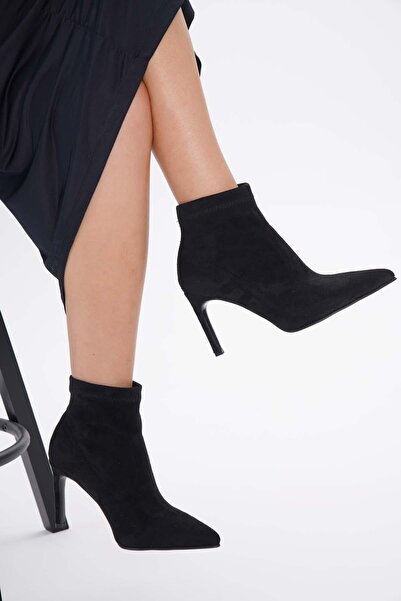 golden heel siyah streç 8.5 cm kısa boy kadın topuklu bot