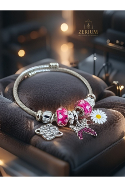 ZERİUM Modern Steel Stylish Women's Charm Bracelet Butterfly Heart and Daisy