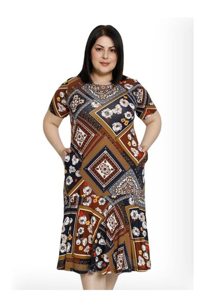 LC Waikiki Women's Patterned Pocketed Short Sleeve 100% Viscose Plus Size Dress