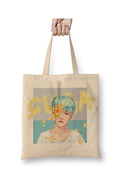 Toyaso Bts Suga Λευκή υφασμάτινη τσάντα με μακριά λαβή Τσάντα αγορών Τσάντα π...