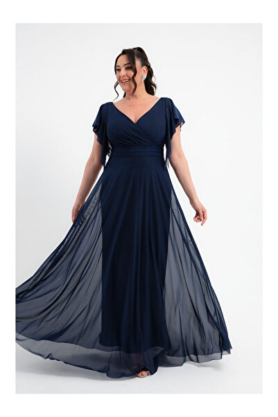 LC Waikiki Kadın Lacivert V Yaka Kısa Kollu Büyük Beden Uzun Abiye Elbise