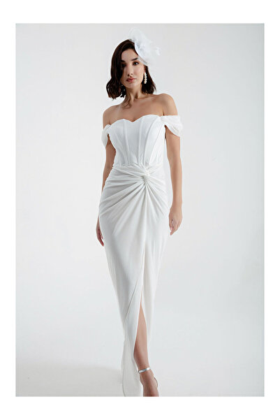 LC Waikiki Kadın Beyaz Kruvaze Astarlı Korse Detaylı Uzun Simli Abiye