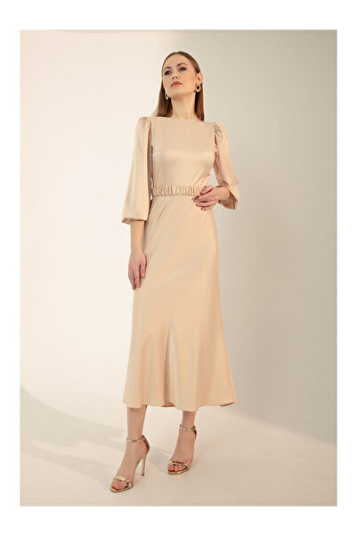 LC Waikiki Kadın Ekru Uzun Balon Kollu Nişan Elbisesi