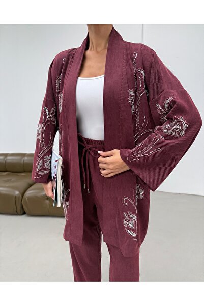 MİA NOURA Women's Oversize Fit Kimono with Beaded Embroidery on the Front