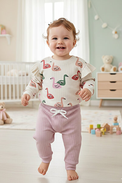 Lindakids Fitilli Kumaş % 100 Pamuk Kuğu Desenli Omuzu Fırfırlı- Omuzdan Çıtç...