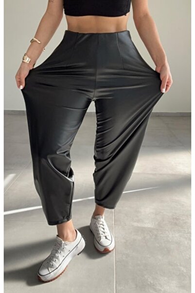 Mars Siyah Beli Lastikli Deri Havuç Pantolon