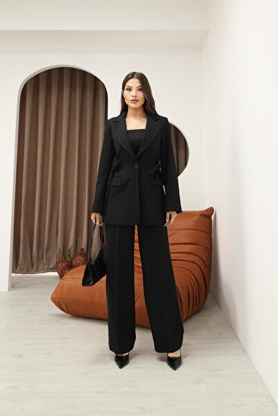 Hazel Women's Black Side Belted Blazer Jacket Pants Set