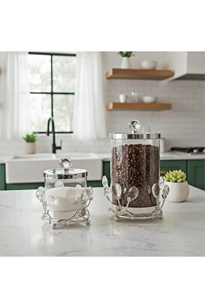 Hinora Kristal Damla Taş Standlı Cam Kavanoz İkili Set 16x16x22cm-13x13x16cm