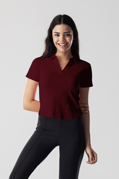 Mood Lab Kadın 2'li Polo Yaka Kısa Kollu Kaşkorse Tişört Bordo Beyaz