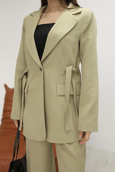 Hazel Women's Khaki Side Belted Blazer Jacket Pants Set