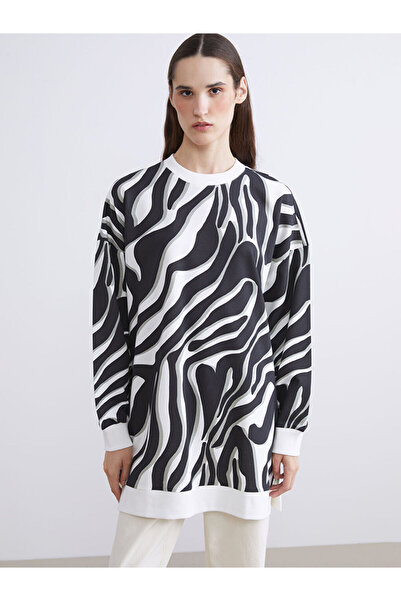 LC Waikiki Lcw Modest Black Plus Size Patterned Women's Sweatshirt Tunic