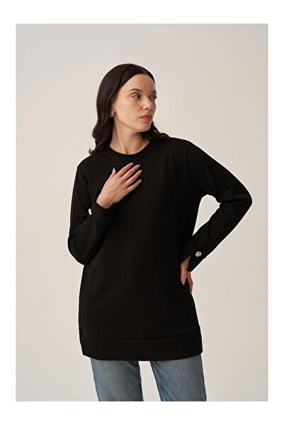 LC Waikiki Black-Smooth Textured Gold Buttoned Sweatshirt