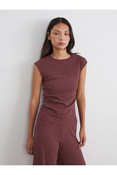 LC Waikiki Burgundy Crew Neck Textured Gathered Blouse