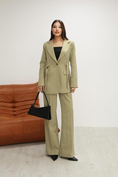 Hazel Women's Khaki Side Belted Blazer Jacket Pants Set