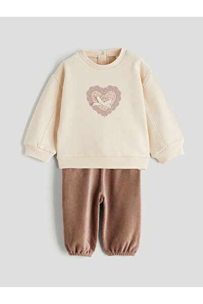 LC Waikiki Baby Girl Printed Sweatshirt and Velvet Trousers