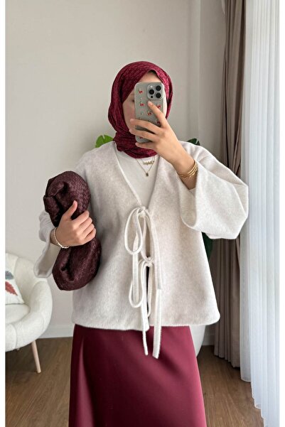 Miraydın Butik Women's Front Tie Fox Fabric Kimono Jacket M25109 - Cream