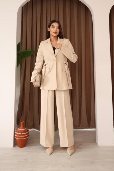 Hazel Women's Stone Side Belted Blazer Jacket Pants Set