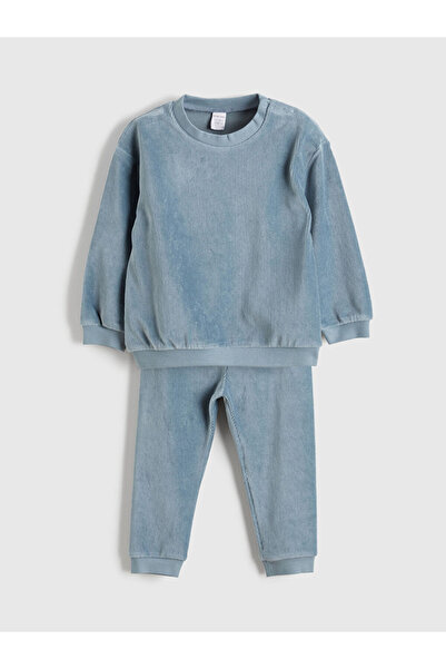 LC Waikiki Yeşil Bisiklet Yaka Kadife Erkek Bebek Sweatshirt Ve Eşofman Altı