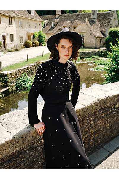 LC Waikiki Siyah Aplikeli Kadın Sweatshirt Tunik