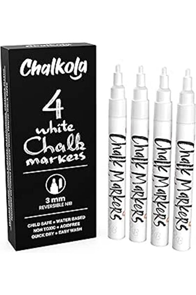 Generic White Chalk Markers Fine Tip (4 Pack 3mm) - Wet & Dry Erase Chalk Pens for Blackboard, Chalkboards,