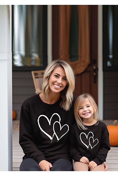 LiyAdaCo Kalp Baskılı İçi Polarlı Siyah Anne Kız Kombin Sweatshirt (KOMBİNLEMEK IÇİN SEPETE 2 ADET EKLEYİN)