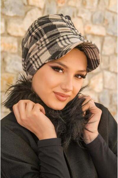 Aişe tesettür Mink Black Plaid Pattern Hijab Hat