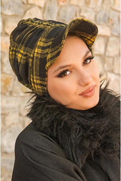 Aişe tesettür Black Mustard Plaid Pattern Hijab Hat