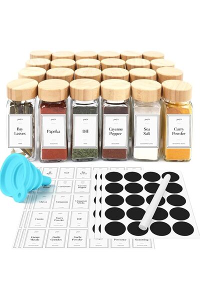 Generic Spark It Home 12 Glass Square Spice Jars With Bamboo Lid, Labels Stickers, Funnel, 1 Pen, 4 oz, Spic